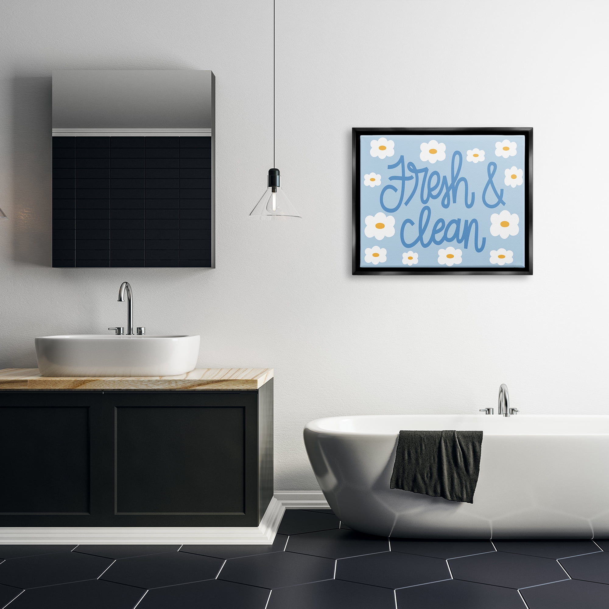 Stupell Industries Fresh & Clean Blue Daisy Pattern Typography Painting Black Floater Framed Art Print Wall Art