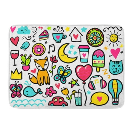 GODPOK Breakfast Line Doodles Cute Color Items with Hearts and Flowers Animals and Coffee Eat and Stars Crown Rug Doormat Bath Mat 23.6x15.7