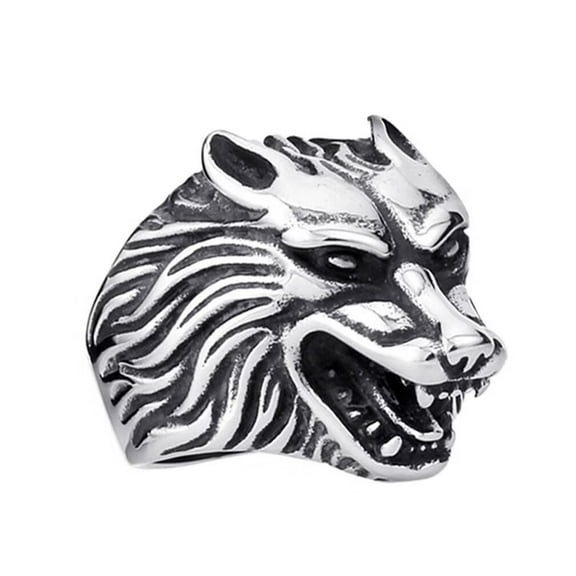 PAMTIER Men's Stainless Steel Domineering Gothic Tribe Roaring Wolf Head Amulet Knight Ring Personality Wolf Totem Vintage Punk Band Silver Size 7