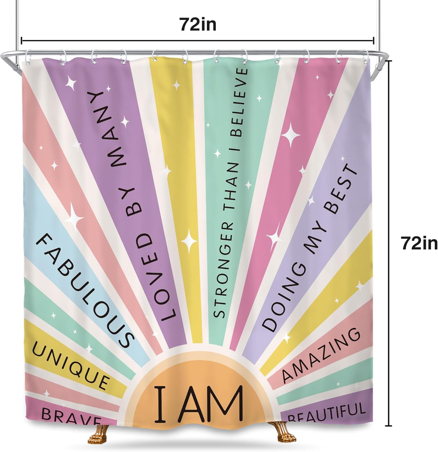 Kids Girls Shower Curtain 72Wx72L Inch Rainbow Boho Sun Colorful Quotes Retro 70s Cute Inspirational Words Motivational 12 Pack Hooks Polyester Waterproof Fabric Bathroom Bathtub Panels
