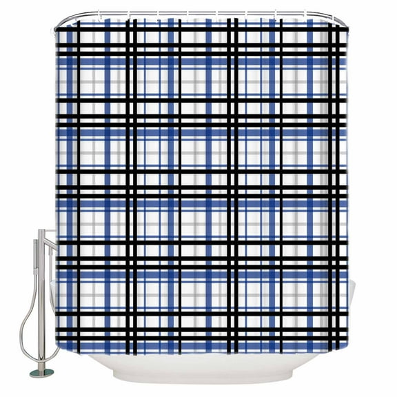 Fabric Shower Curtain Abstract Stripes Blue Black Grey Plaid Shower Curtains with 12 Hooks Waterproof Machine Washable Bath Curtains for Bathroom, 36 x 72in