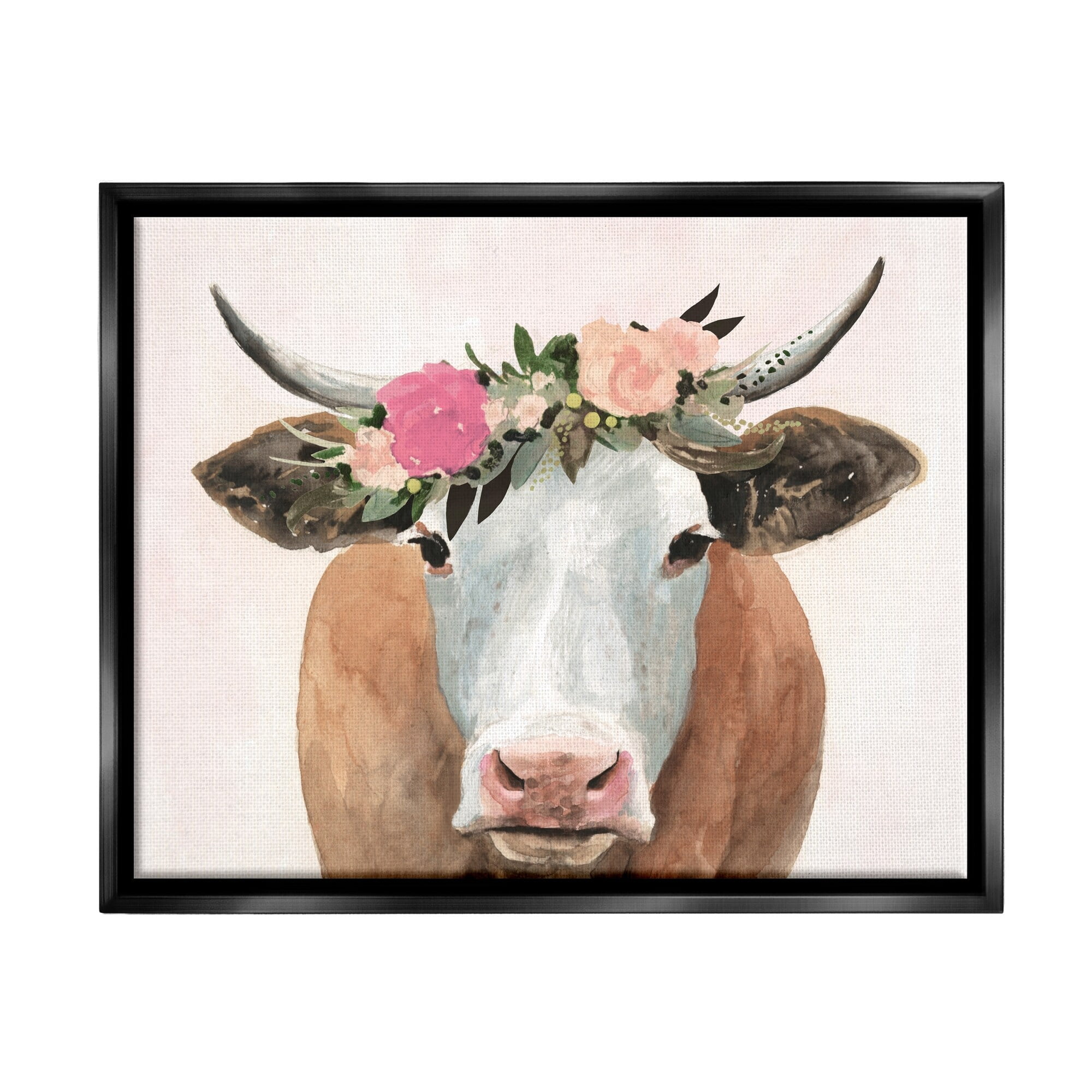 Stupell Industries Springtime Flower Crown Farm Cow with Horns Jet Black Framed Floating Canvas Wall Art, 16x20, by Victoria Borges