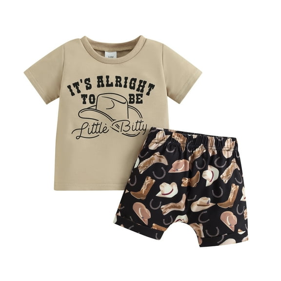 Elippeo Toddler Boy Western Shorts Set 3 6 12 18 24 Months 3 Years Letter Print Short Sleeve T-Shirt with HatBoot Pattern Shorts 2Pcs Outfit