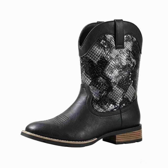Men's Western Cowboy Boots with Snake Print - Mid-Calf Rodeo Boots with Square Toe Low Heel Boots Non-Slip Casual
