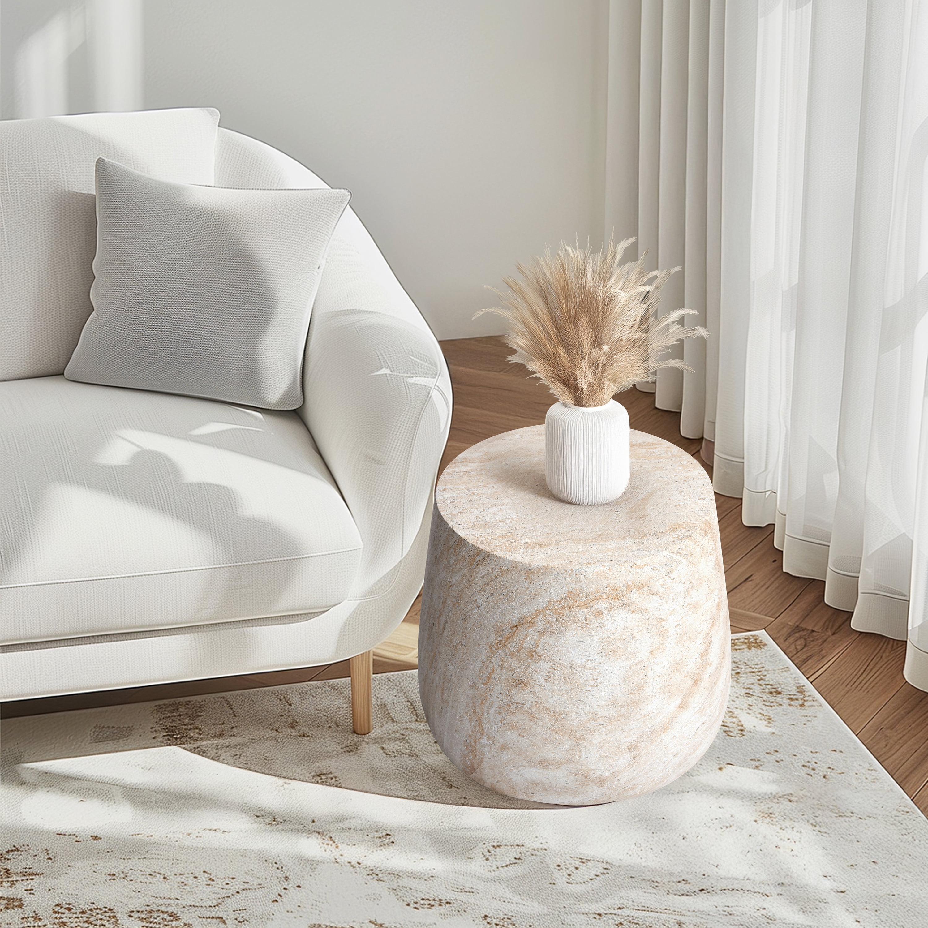 Barrel Travertine Stone Finish Italian Design MgO Side Accent Table