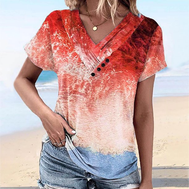 Fiudx Ofertas Flash Del Día Solo En Línea Top de Camiseta con Decoración de Botones Estampados con Cuello En V de Manga Corta para Mujer