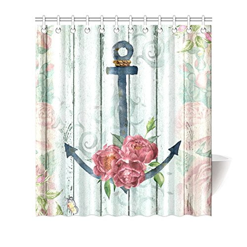 Mkhert Floral Wood With Nautical Anchor Flowers And Butterfly Waterproof Shower Curtain Decor Vintage Anchor Fabric Bathroom Set 66x72 Inch Walmart Com Walmart Com