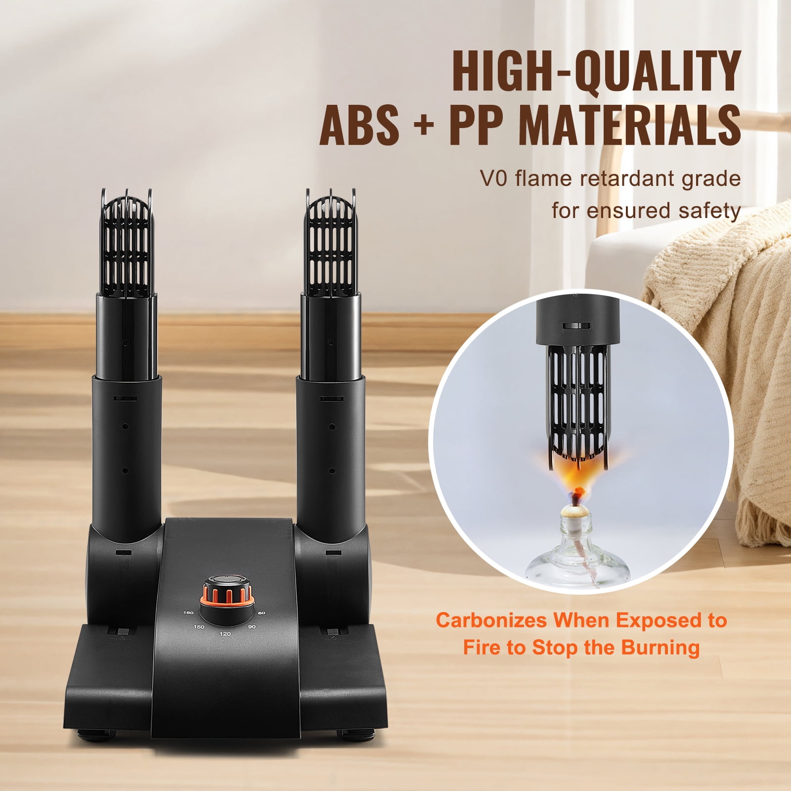 KFFKFF 180° Folding Dual-Tube Footwear Dryer, Compact Design with Timing Function, Equipped with Heating Blower & PP(V0 Flame Retardant) Material, Leather & Canvas Footwear, Socks - Black & Orange
