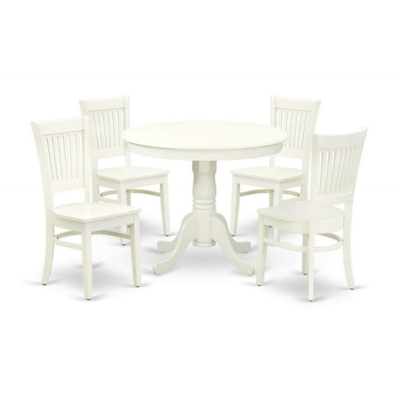ANVA5-LWH-W 5-Piece Dining Room Set, Round Table with Pedestal & 4 Solid Wood Seat Chairs, 36x36 Inch, Linen White