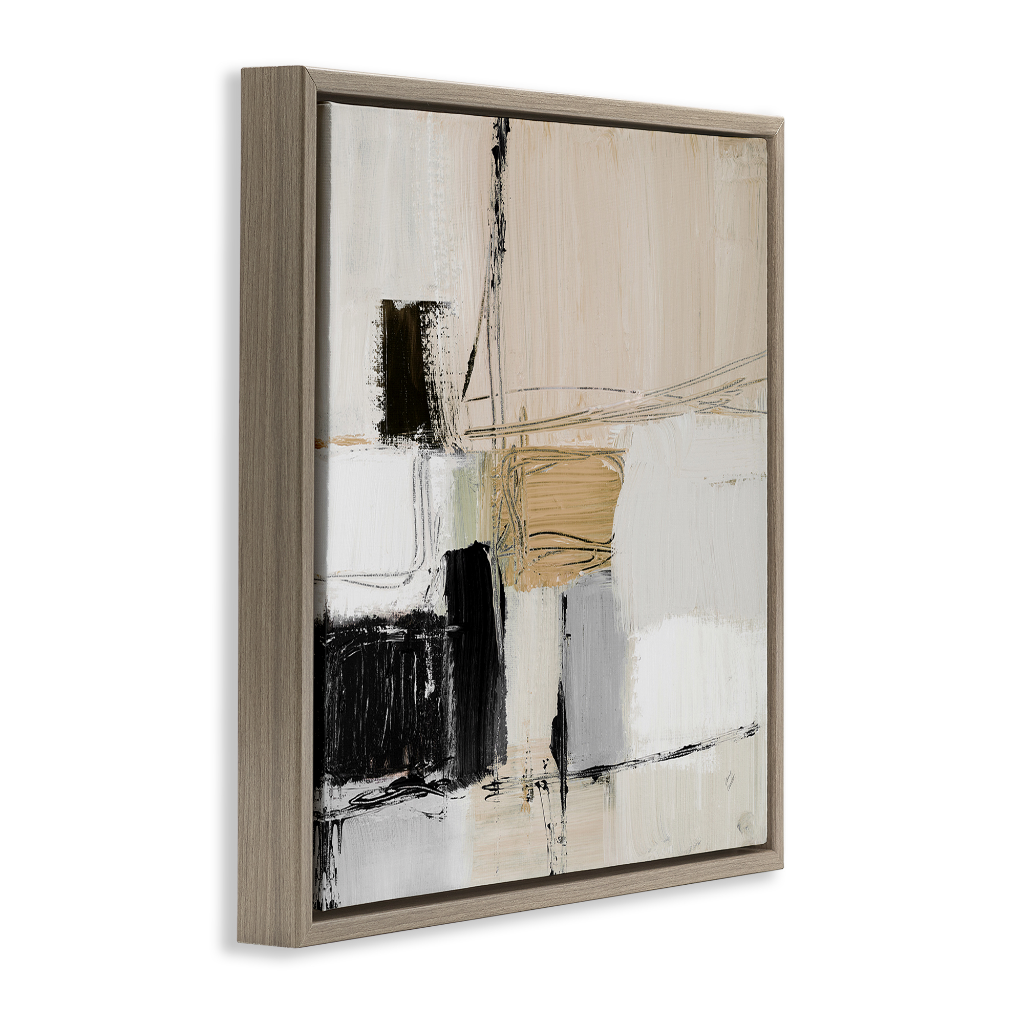 Stupell Industries Beige Black Organic Collage Abstract Painting Brown Floater Framed Canvas Art Print Wall Art, 25 x 25