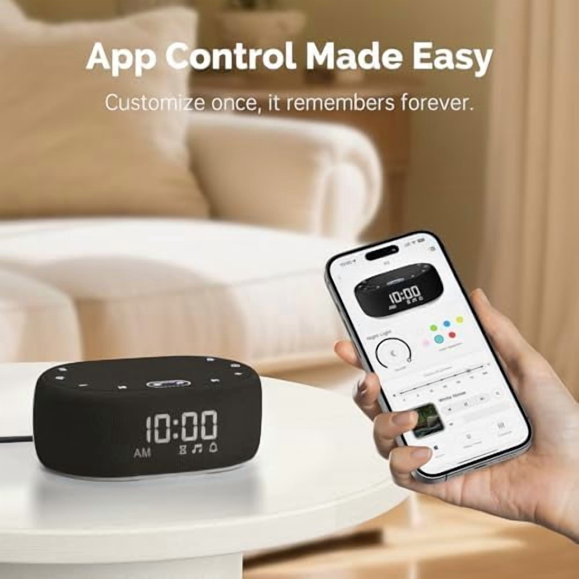 White Noise Sound Machine with Alarm Clock, Pink Noise Maker for Baby Adult Sleeping, 30 Soothing Sounds, Easy App Controlled, Dimmable 7-Color Night Light, Sleep Timer, 30 Volume Levels - Black