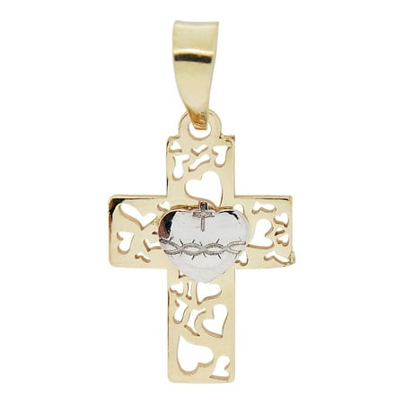 14k Yellow & White Gold, Small Sacred Heart Cross Pendant Religious Charm 13mm NO Necklace