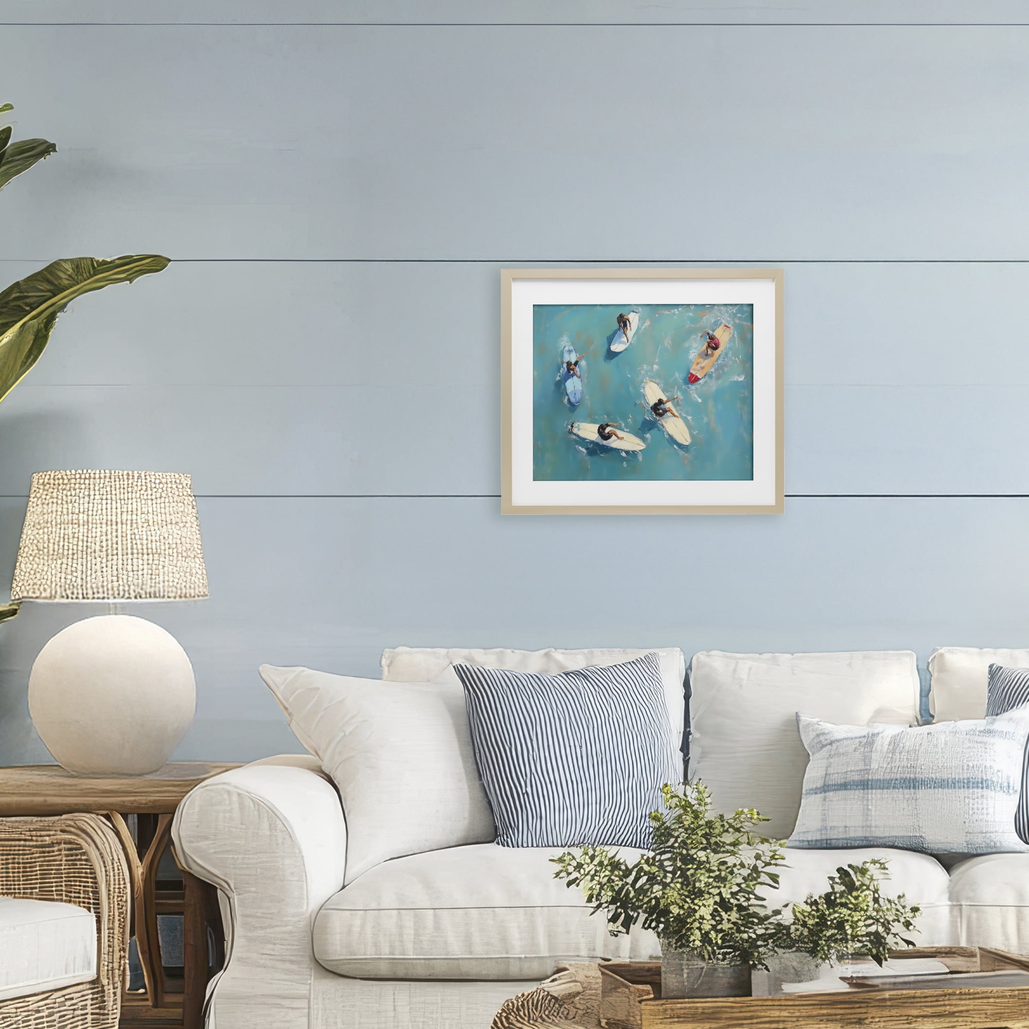Stupell Industries Group of Surfers at Sea Birch Framed Print Under Glass, design by LSR Design Studio