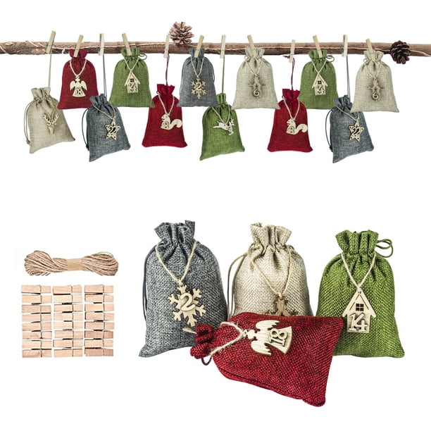 Bolsa de arpillera para calendario navideño de bricolaje, bolsa para calendario de adviento, bolsa para calendario navideño con etiquetas de madera, para cuenta regresiva del calendario navideño (est