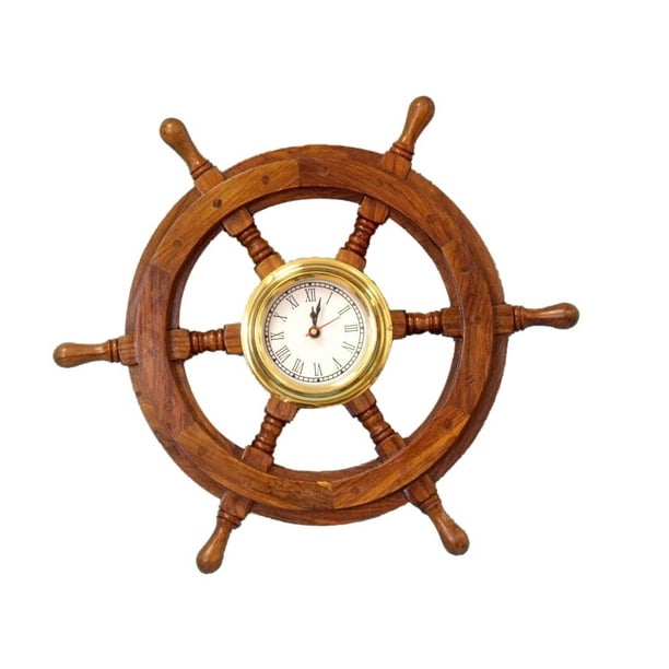 Ship Wheel Clock 18" Nautical Theme Clock Wooden Ship Wheel Clock