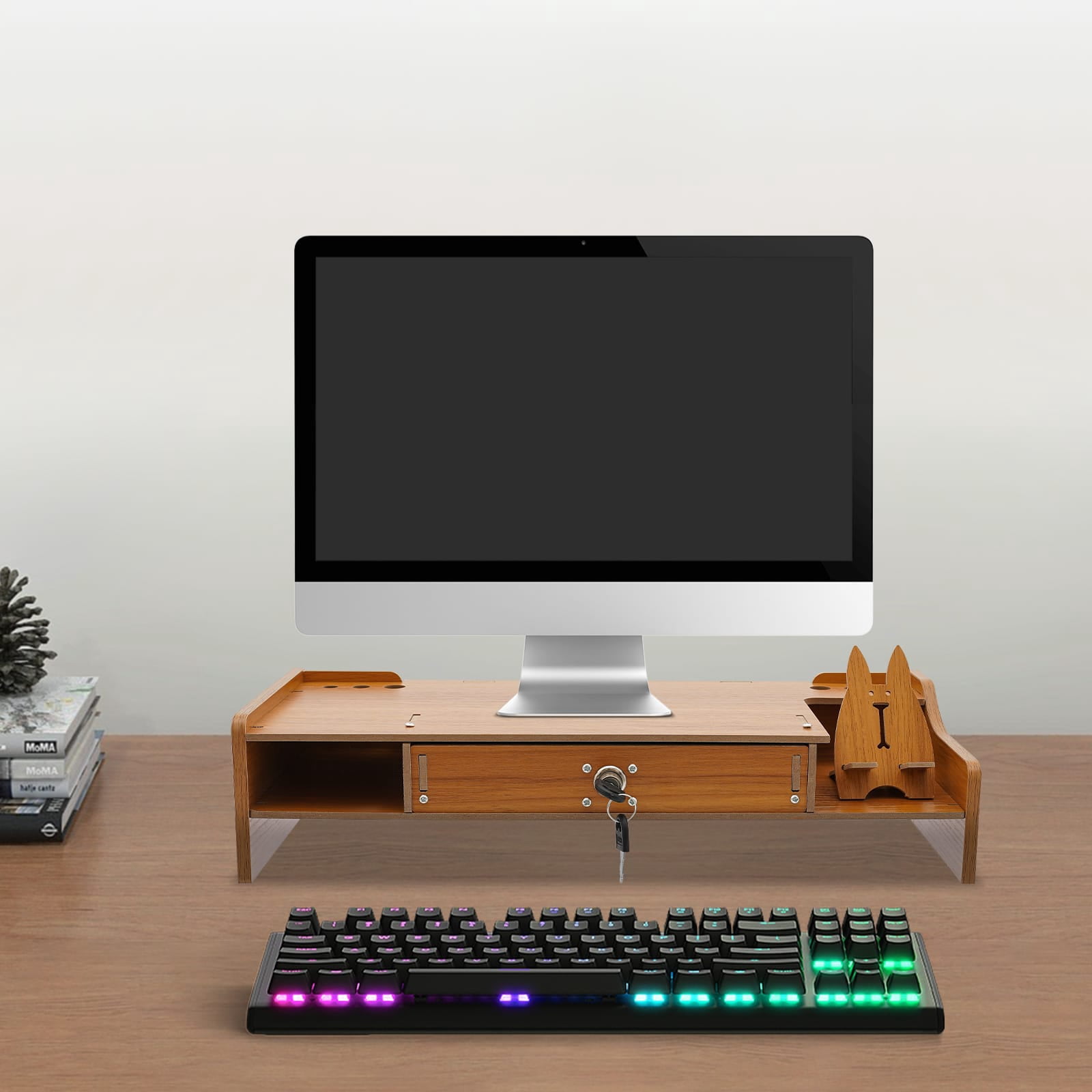 Peakora Wooden Computer Monitor Stand Ergonomic Computer Rack with Lockable Drawer Monitor Stand with Phone Holder for Homes Schools Offices