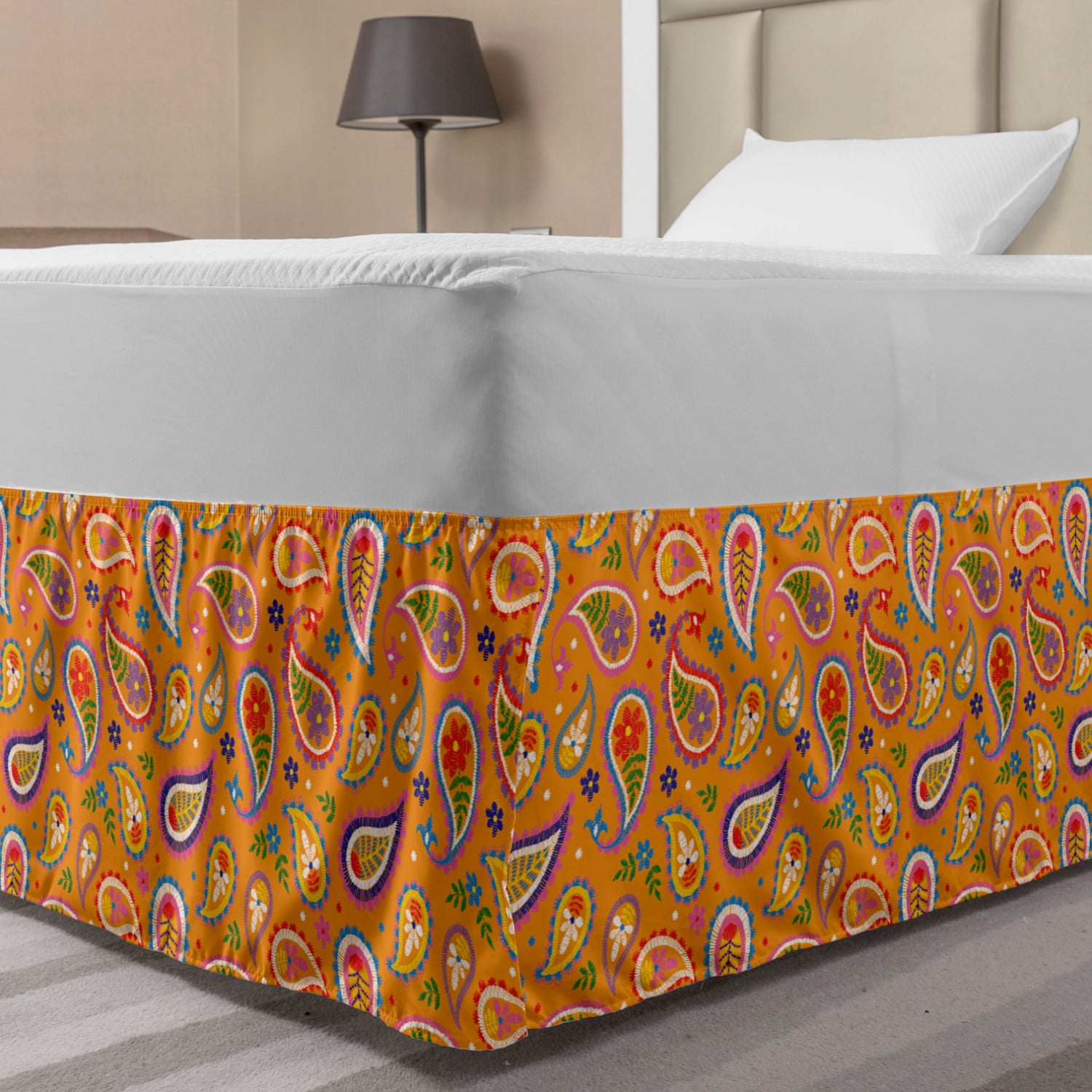 Ethnic Bed Skirt, Bohemian Ornamental Paisley Design with Floral Tiny