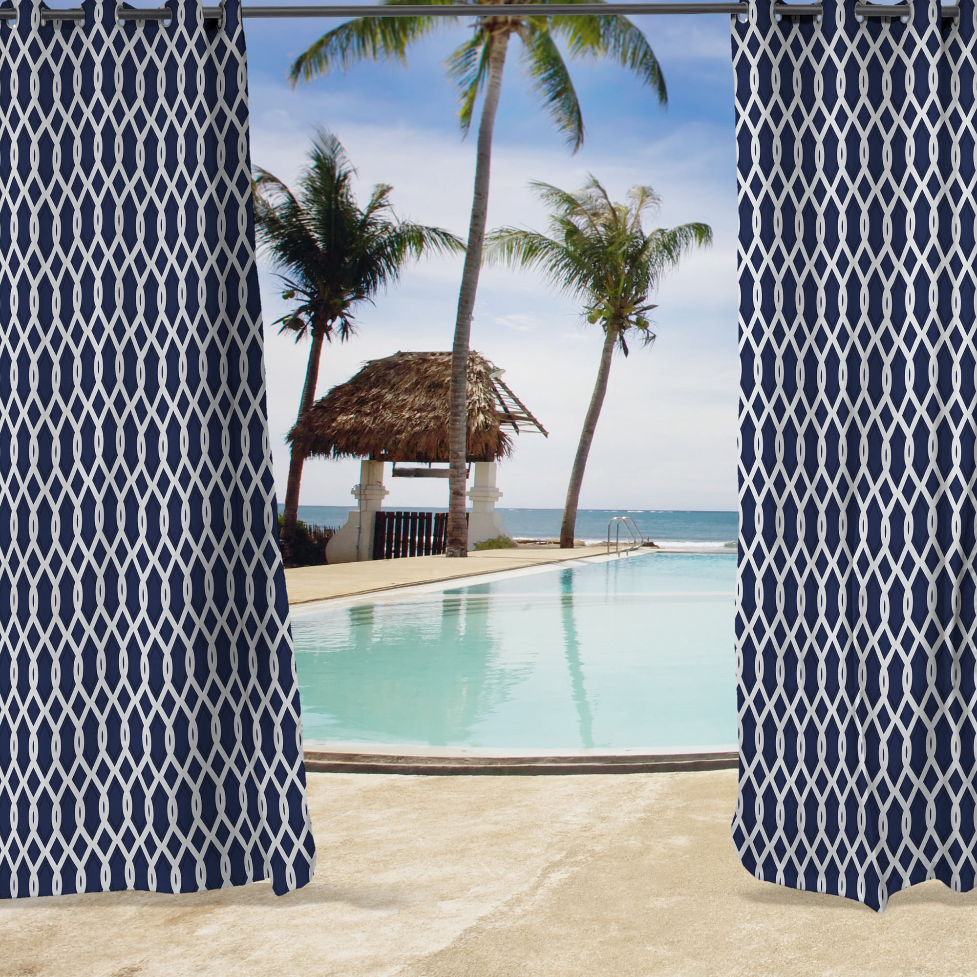 Jordan Manufacturing 54" x 84" Cayo Admiral Navy Lattice Grommet Semi-sheer Outdoor Curtain Panel