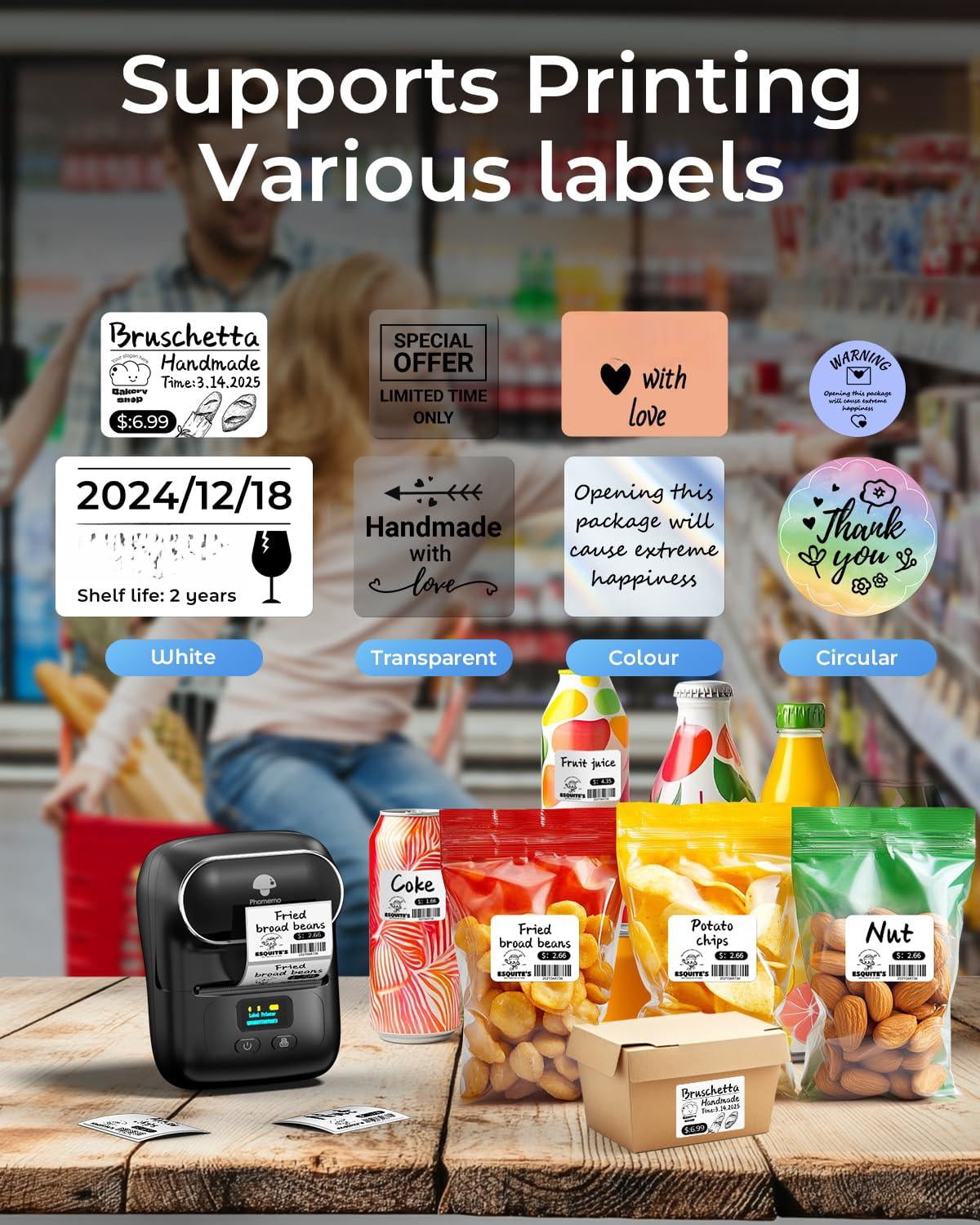 Label Maker - M110 Address Printer Thermal For Business  Office School Home-use Barcode Logo Clothing Labels With 3 Roll Black