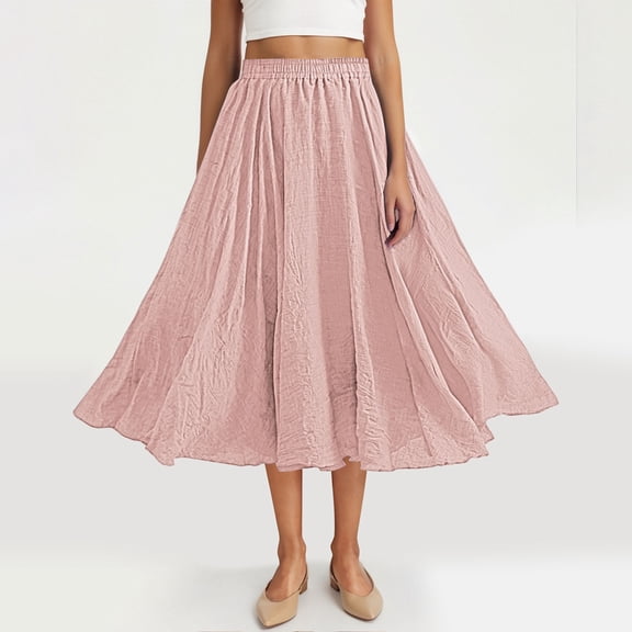 AUNVITO Women's Linen Skirt with Elastic Waist Solid Color Casual Summer Style