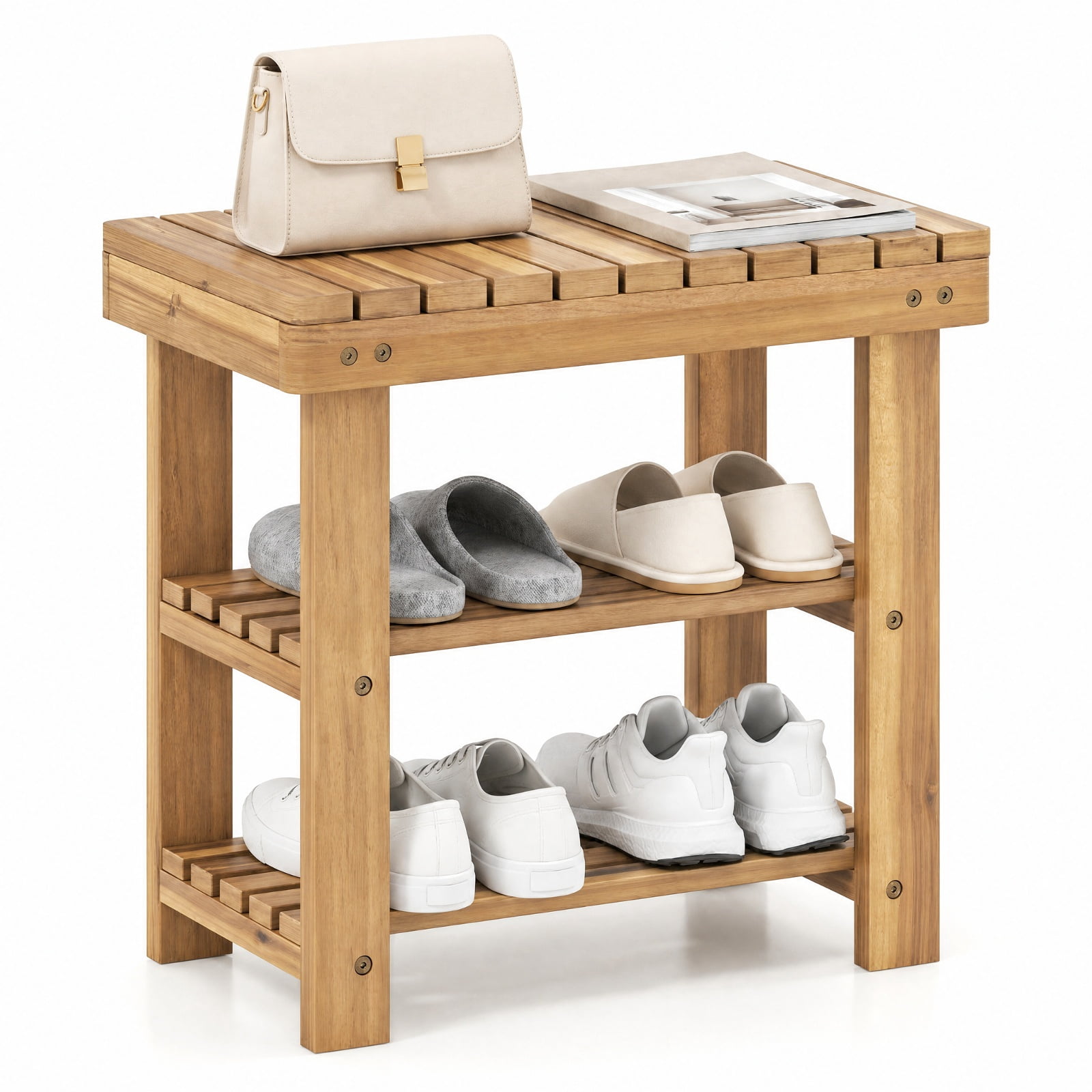 Furnibear 3 Tier Solid Wood Shoe Rack Bench with Slatted Shelves for Entryway Hallway and Living Room Shoe Storage Small Size, Natural