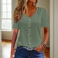 thumbnail image 2 of VNKIDY Women's Solid Color Button Front T Shirts Short Sleeve Crewneck Hollow Out Embroidery Loose Fit Blouse For Office Casual Daily Street Wear Fashionable Tops, 2 of 8