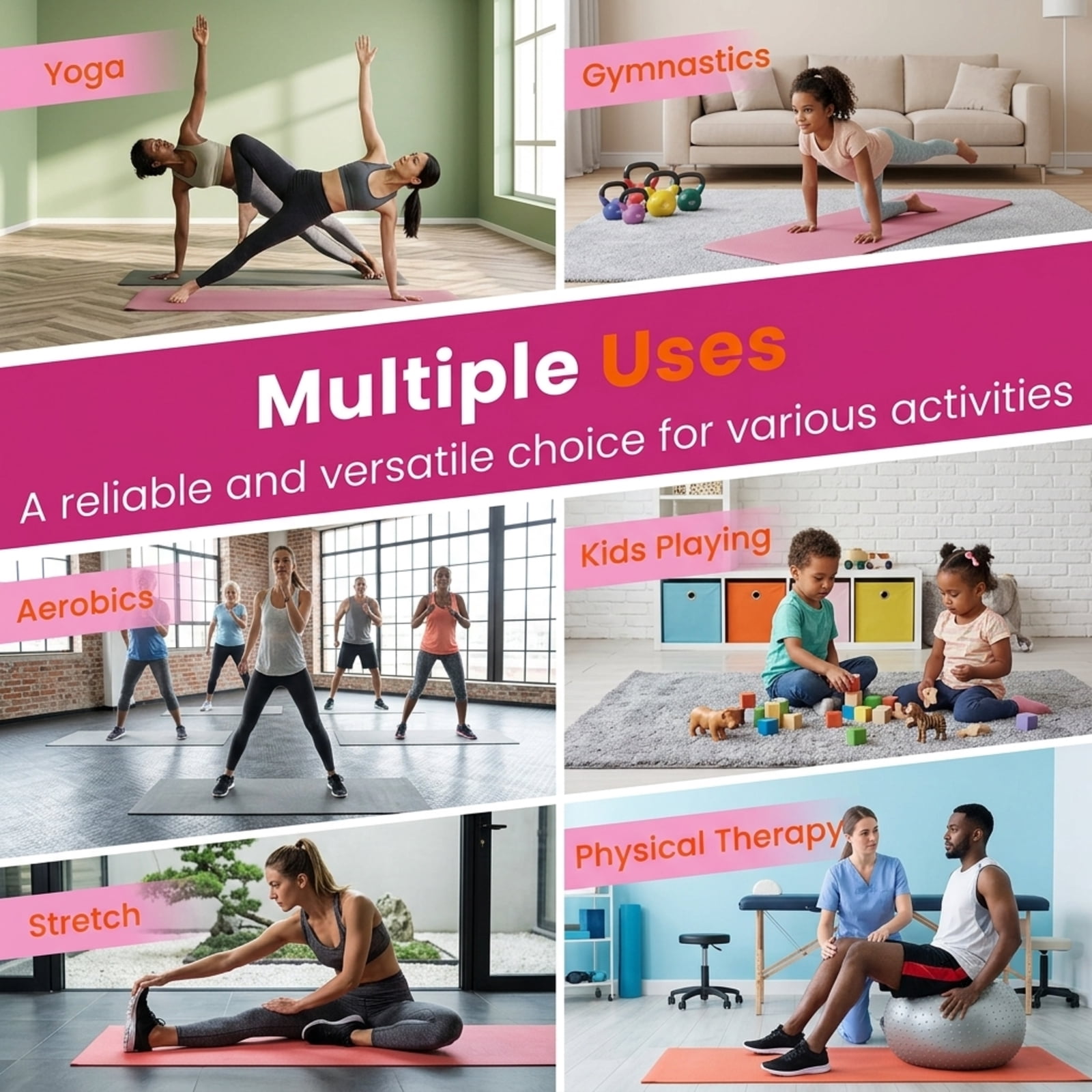 Airfind 4 Panel Folding Exercise Mat with Carrying Handles and Thick Foam for Home Gym Gymnastics Yoga and Tumbling Workouts, Pink