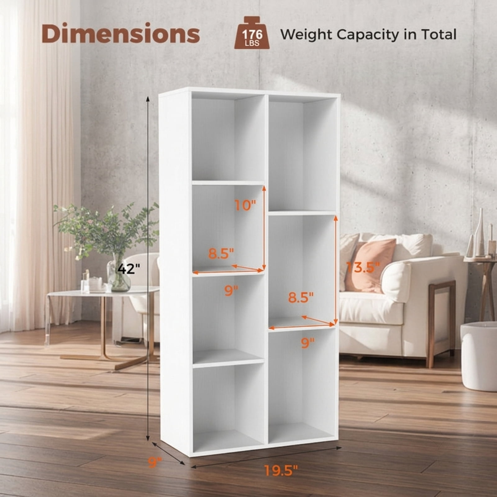 Furnibear Vertical or Horizontal Freestanding Bookshelf with 7 Compartments and Anti-Tipping Kits for Living Room Bedroom, White