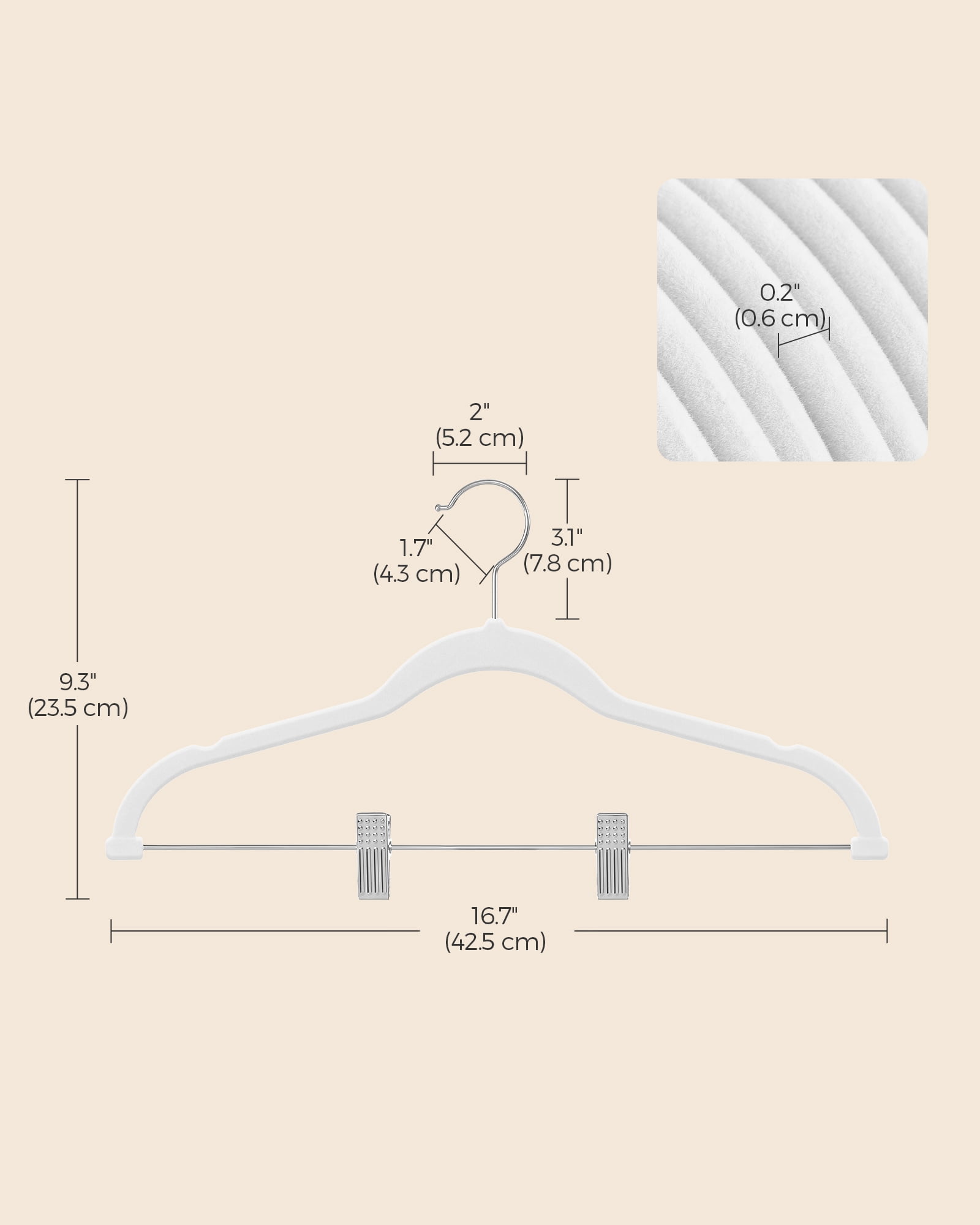 50-Pack Velvet Non-Slip Hangers with Adjustable Clips, 16.7" Heavy Duty Space Saving Hangers for Pants, Skirts, Dresses, White