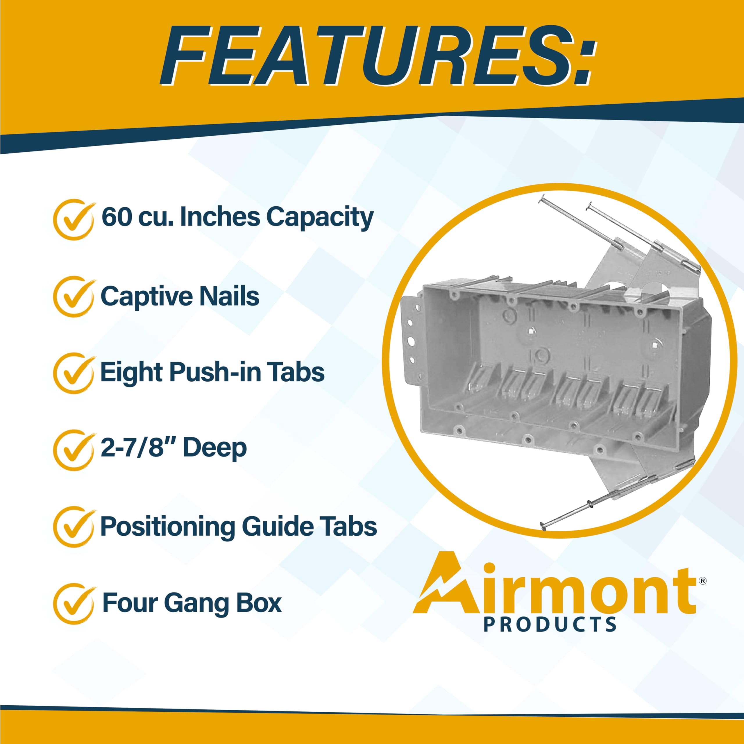 4 Pack 6-Gang Plastic Electrical Box, Grey Outlet Box, Four Gang New Work Junction Box, Captive Nails, 55 cu. Inches, Length 7-3/5'', Width 3-7/10'', Depth 2-1/2''