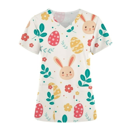 

Easter Womens Working Scrub Uniform V Neck Short Sleeve Top Easter Eggs Print Bunny Pattern T Shirt for Teen Girls