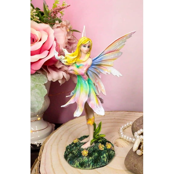 Ebros Fae Garden Meadows Blonde Fairy With Rainbow Lily Petals Dress & Gloves