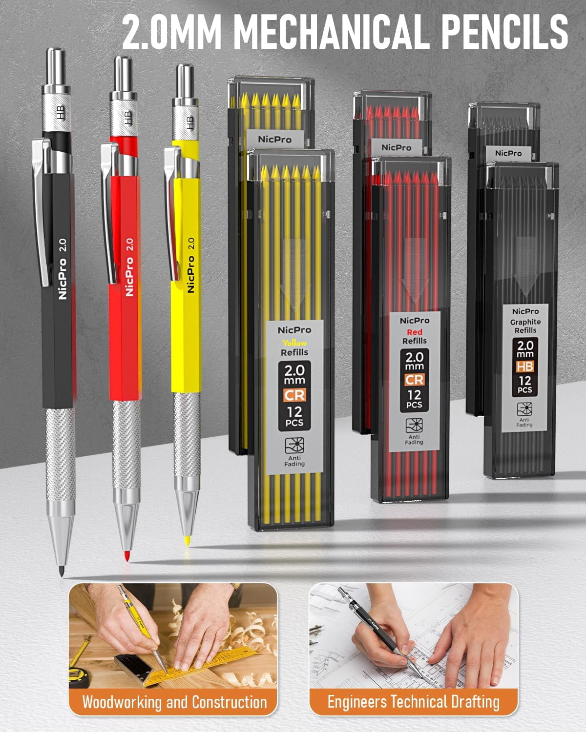 Nicpro 31 Pack Carpenter Pencil Set, Mechanical Pencils with 128 Pcs Refills and Carbide Scribe Tool, Heavy Duty Construction Pencils for Architect Woodworking - with Canvas Case
