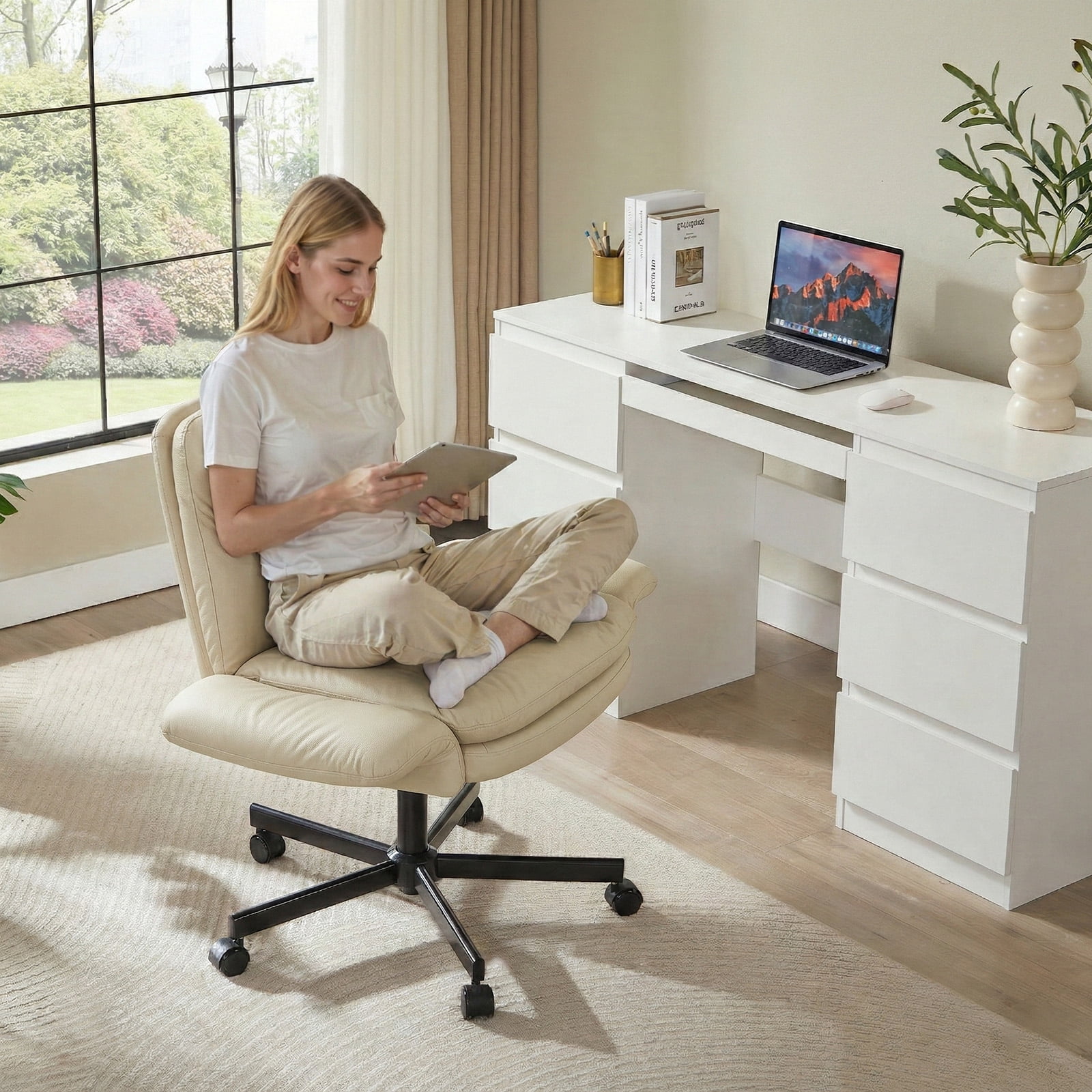 Bestier Office Chair Criss Cross Chair with Flip-Up Arms, Adjustable Height, Comfy Computer Chair, Vanity Chair with Side Pockets, Beige,PU Leather