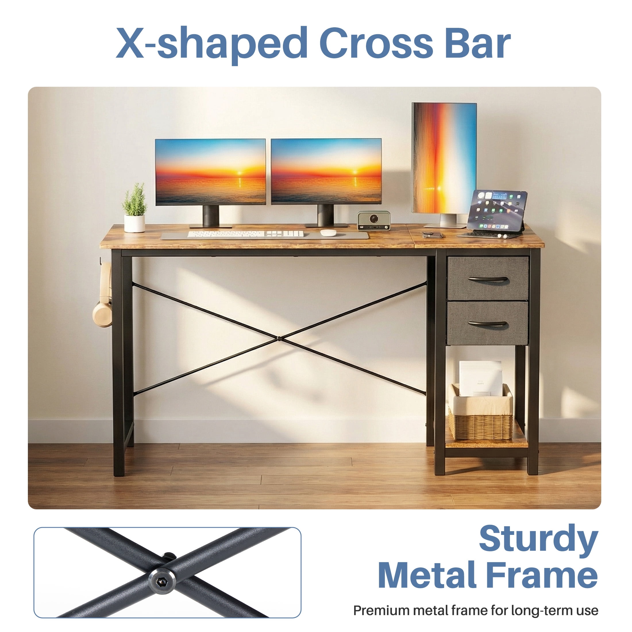 CONCETTA 47in Small Computer Desk with 2 Drawers, Writing Work Study Computer Desk, Side Headphone Hook, Modern Style for Home Bedroom, Rust Brown