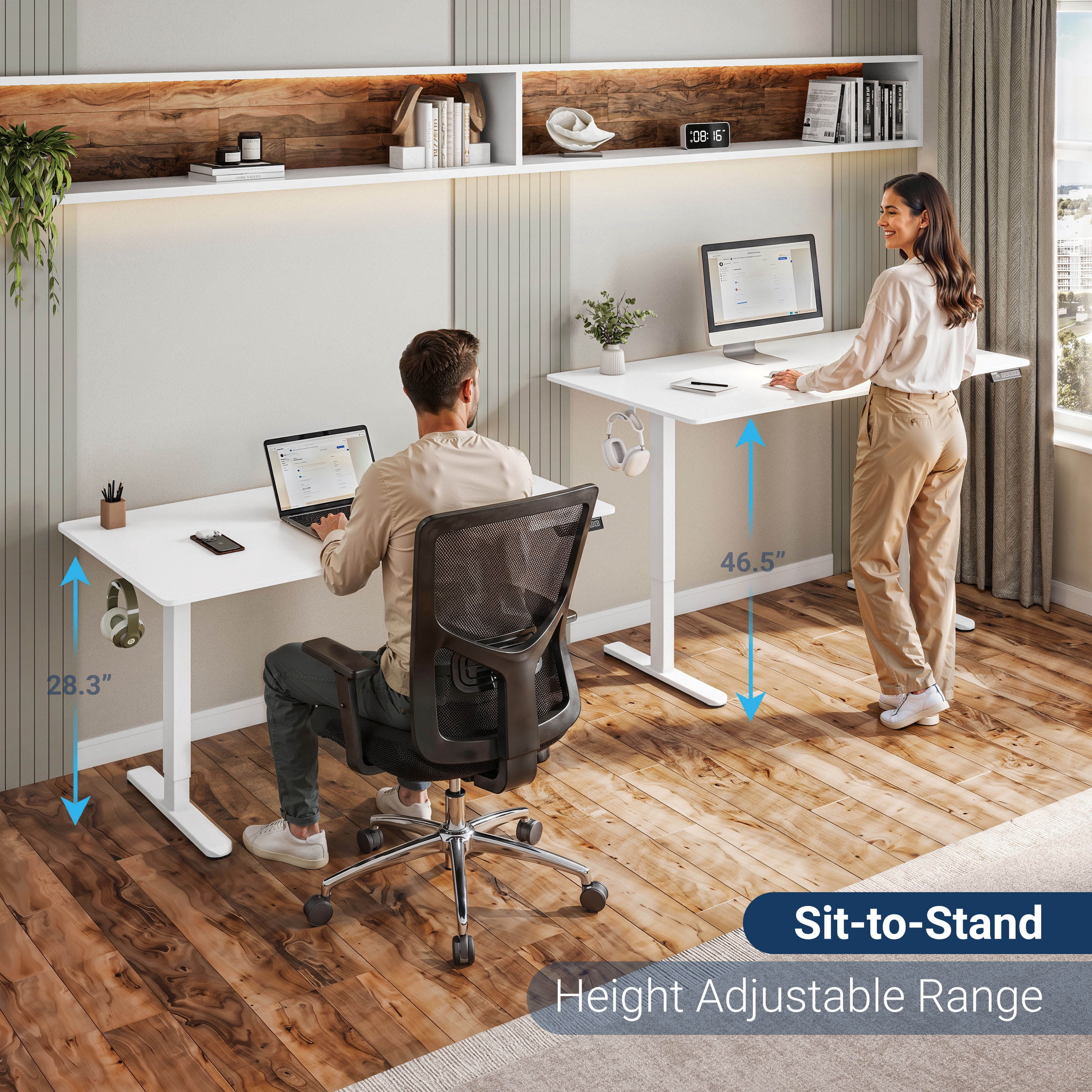 Sit-to-Stand Desk, Height Adjustable Standing Desk with 3 Memory Presets & Dual Headphone Hooks, Electric Lift Workstation for Home Office Gaming