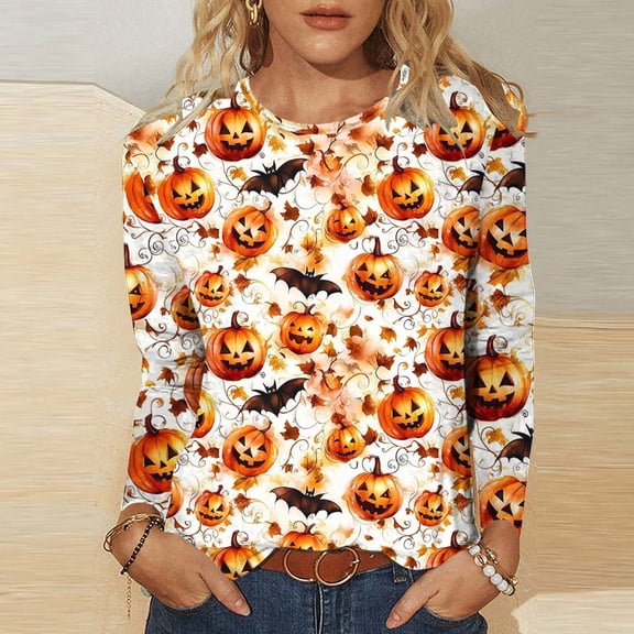Women's Fall Thanksgiving Tops Long Sleeve Crew Neck Shirts Halloween Pullover Blouse Casual Loose Fit Autumn Leaf Pumpkin Bat Graphic Festive T-Shirt