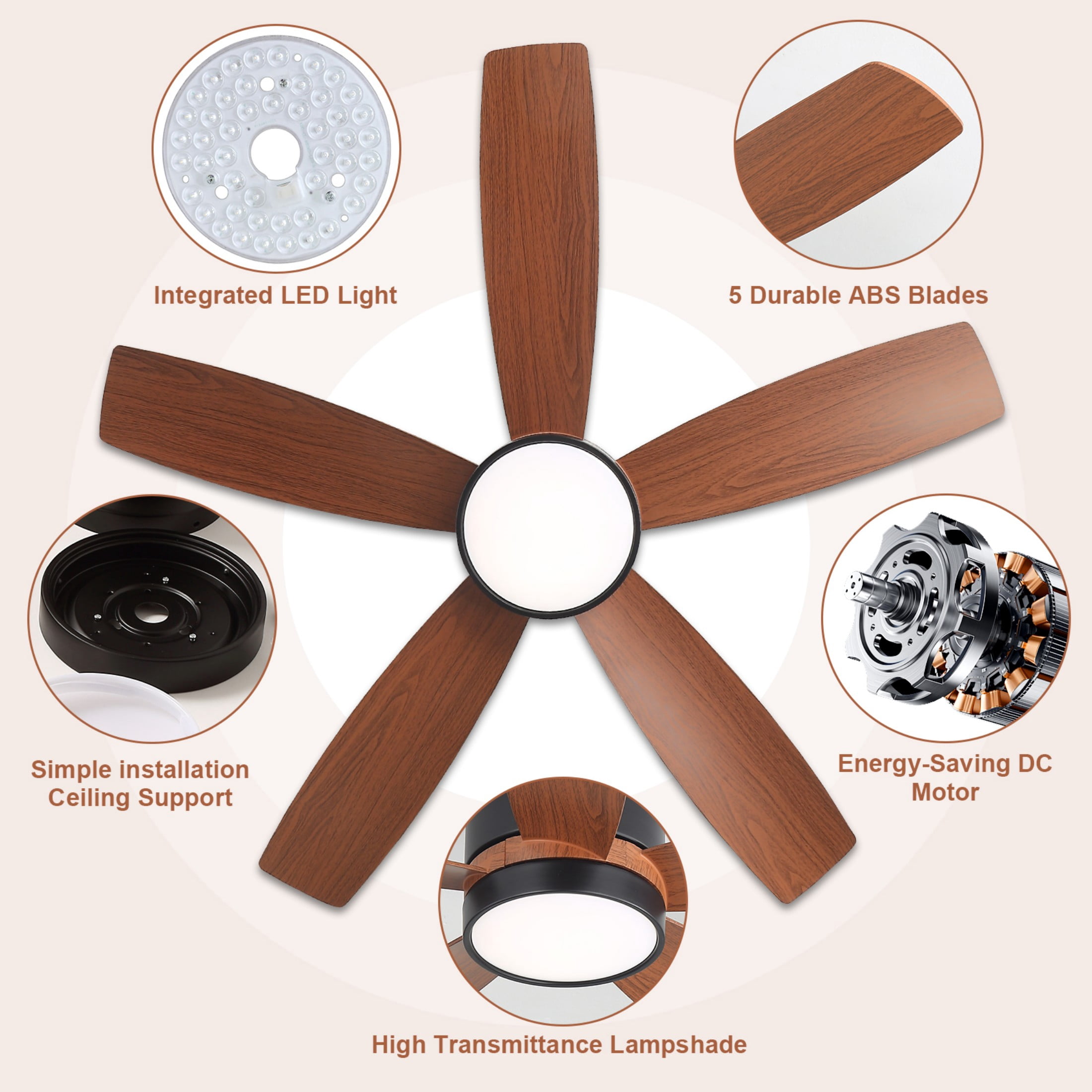 Sofucor 42 Inch Brown Ceiling Fan with Lights and Remote