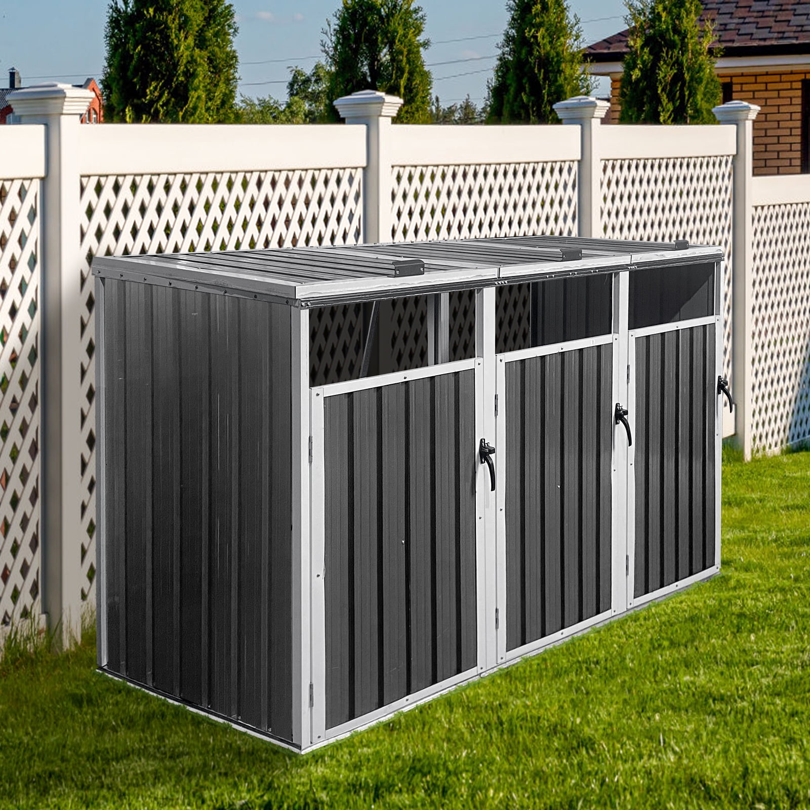 Aukfa 7.3' W Outdoor Garbage Bin Storage, Metal Storage Shed for 3 Trash Cans Tools, Waterproof Trash Can Storage, Gray