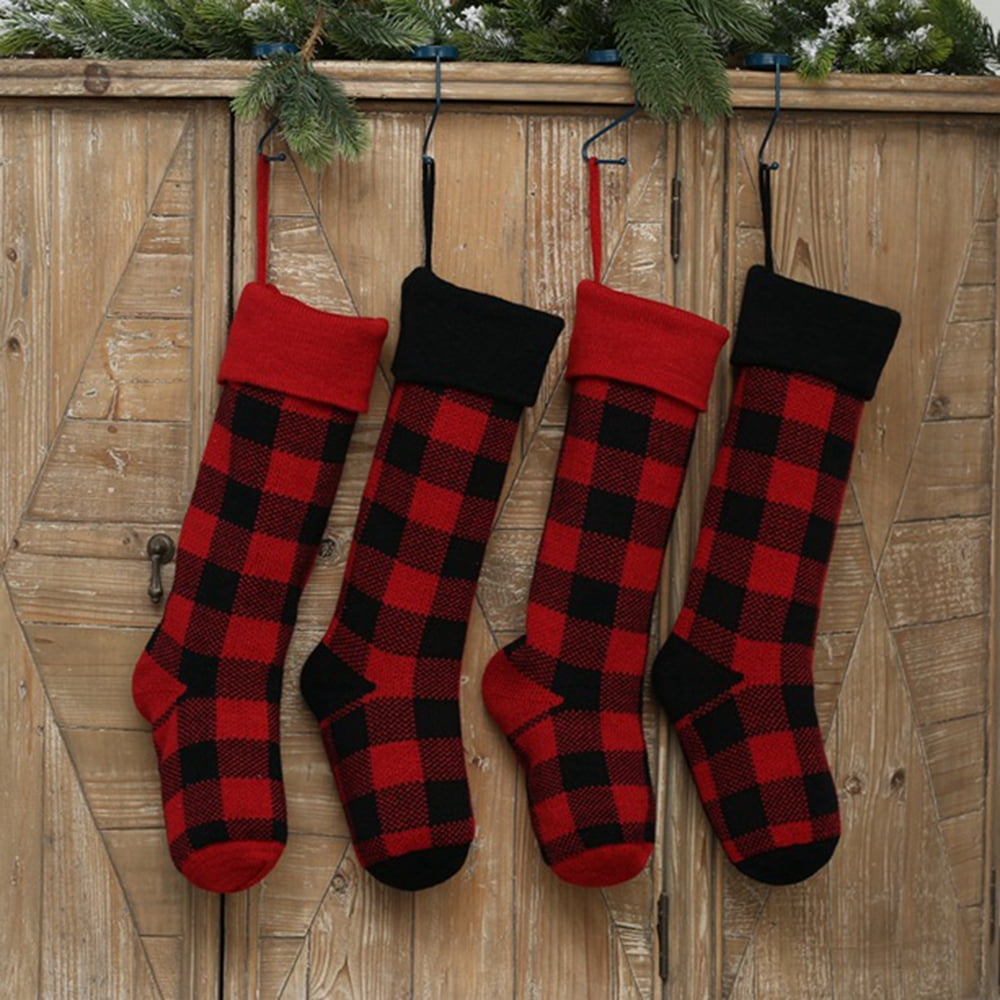 Buffalo Plaid Christmas Stockings Set Of 5 - Large Red & Black Stockings For Mantel Decor - View #10
