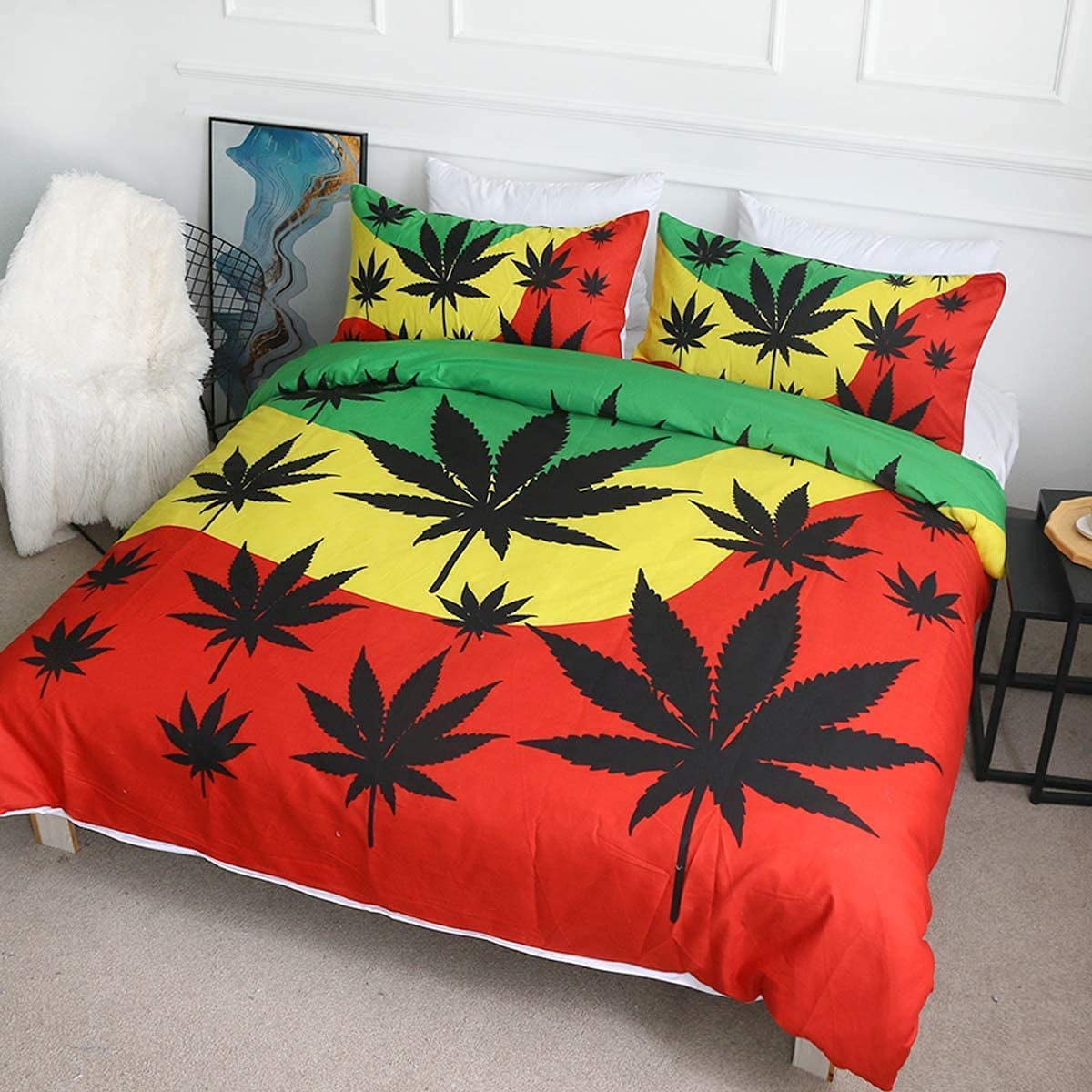 Double Cannabis Marijuana Leaf Weed Green Black Duvet Cover Quilt Bedding Sets 