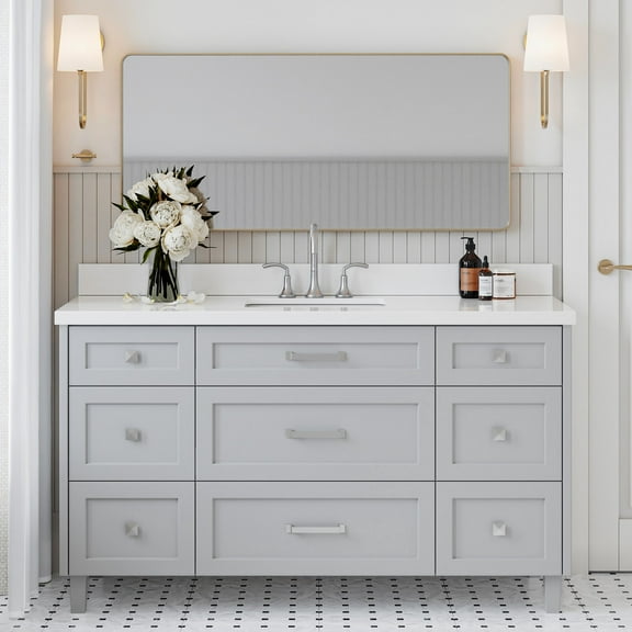 ARIEL Monroe 61 Inch Single Rectangle Sink Bathroom Vanity With Pure White Quartz Countertop 1.5 Inch Edge In Grey