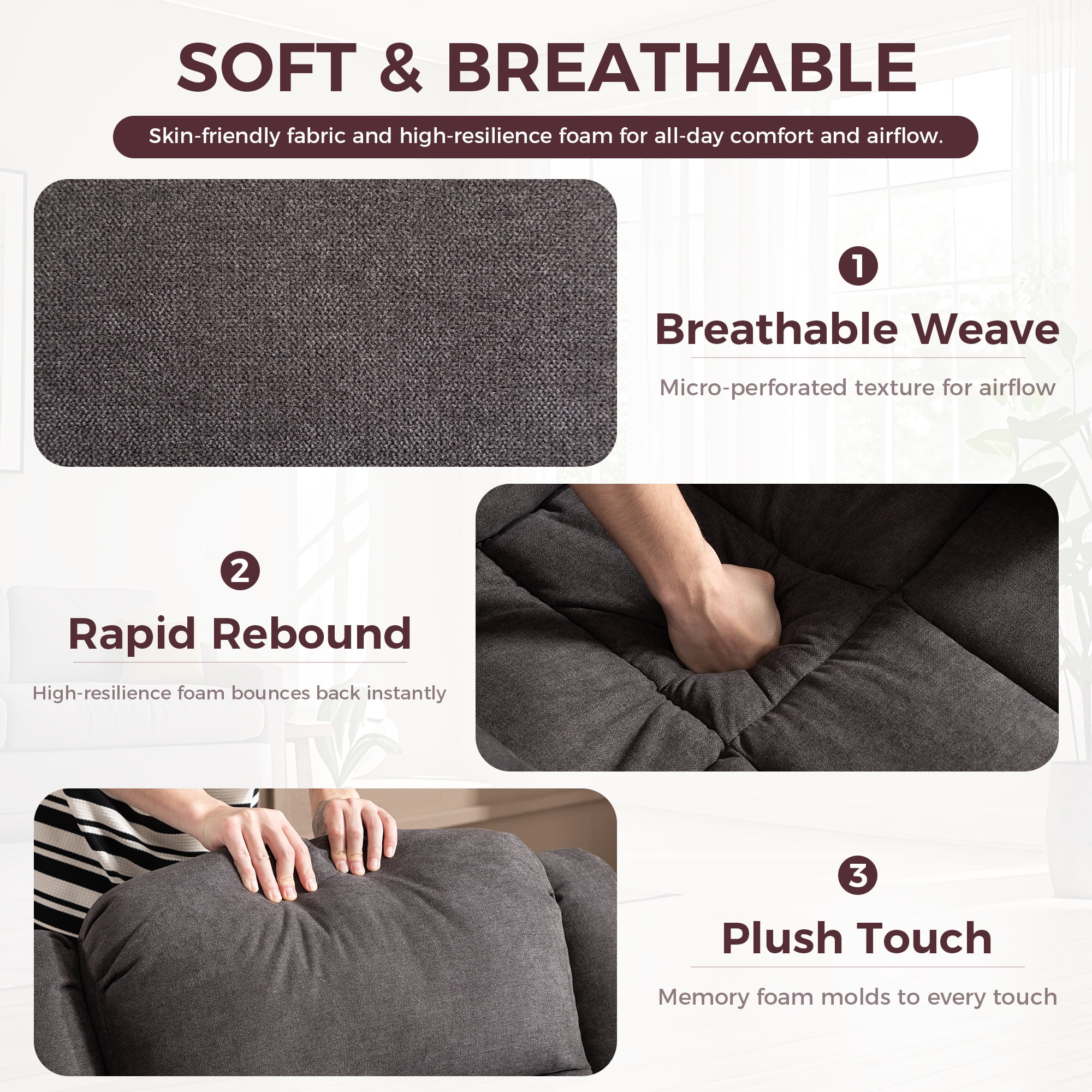 Ebello Fabric Recliner Sofa Set, Manual Recliner Chair with Massage & Heat, 3-Seat Power Recliner Sofa with Side Pockets for Living Room, Gray