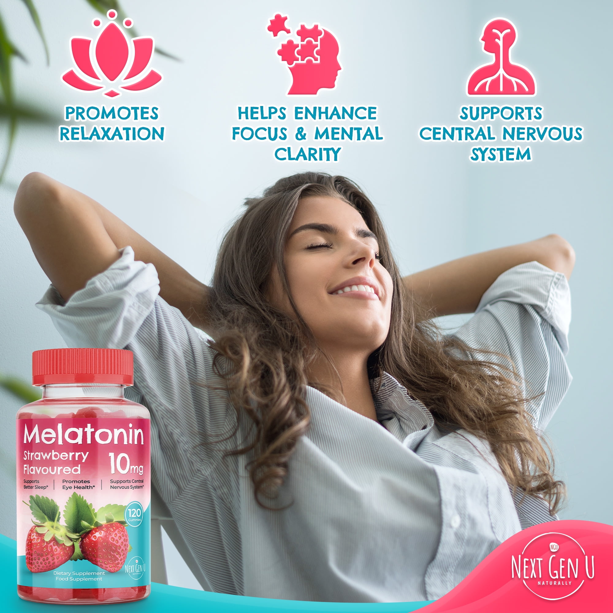 Next Gen U Melatonin Strawberry Flavored Dietary Supplement, 10mg, 120 Vegan Gummies for Restful Sleep