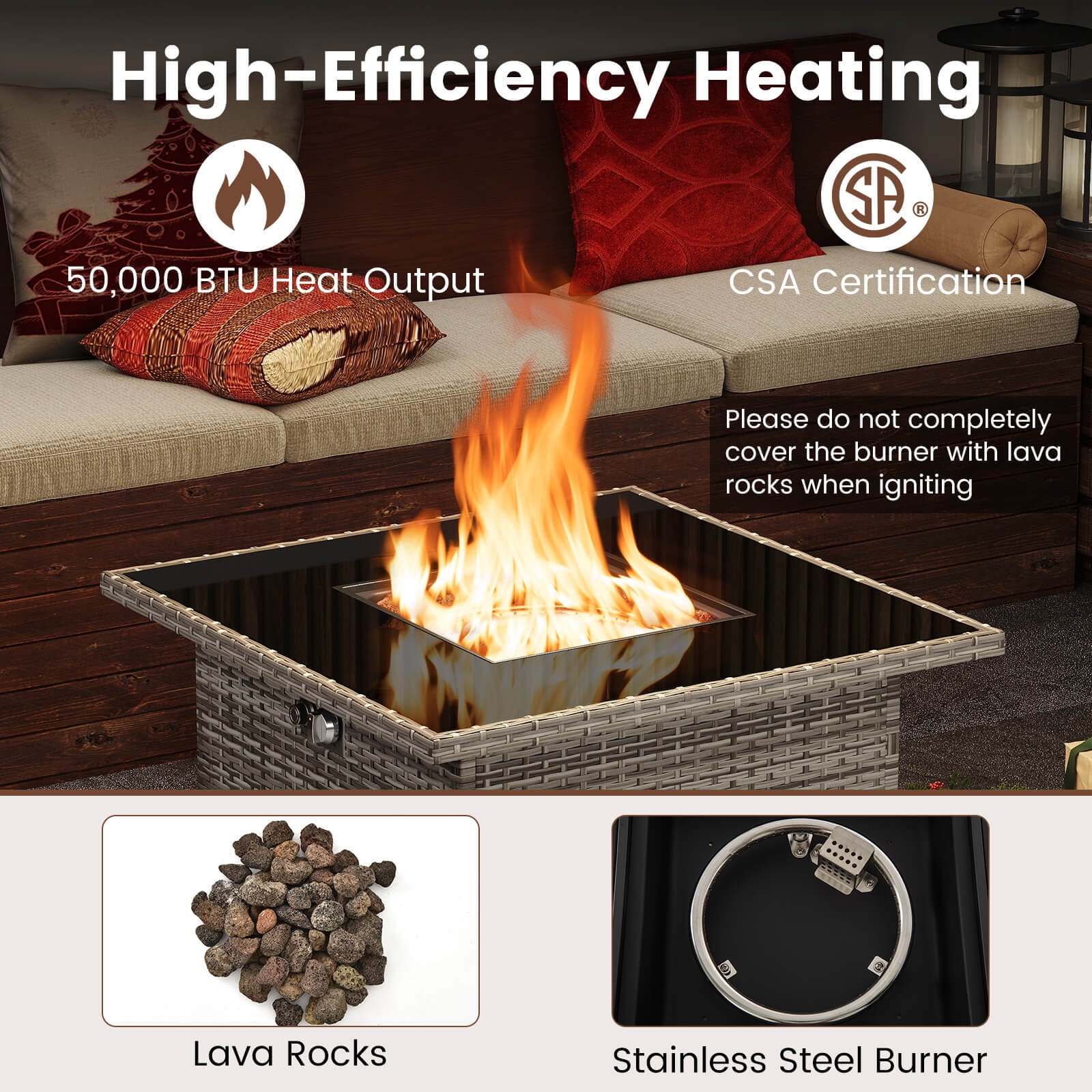 Costway 32.5" Propane Fire Pit Table Outdoor Wicker Gas Firepit with Stainless Steel Burner Gray