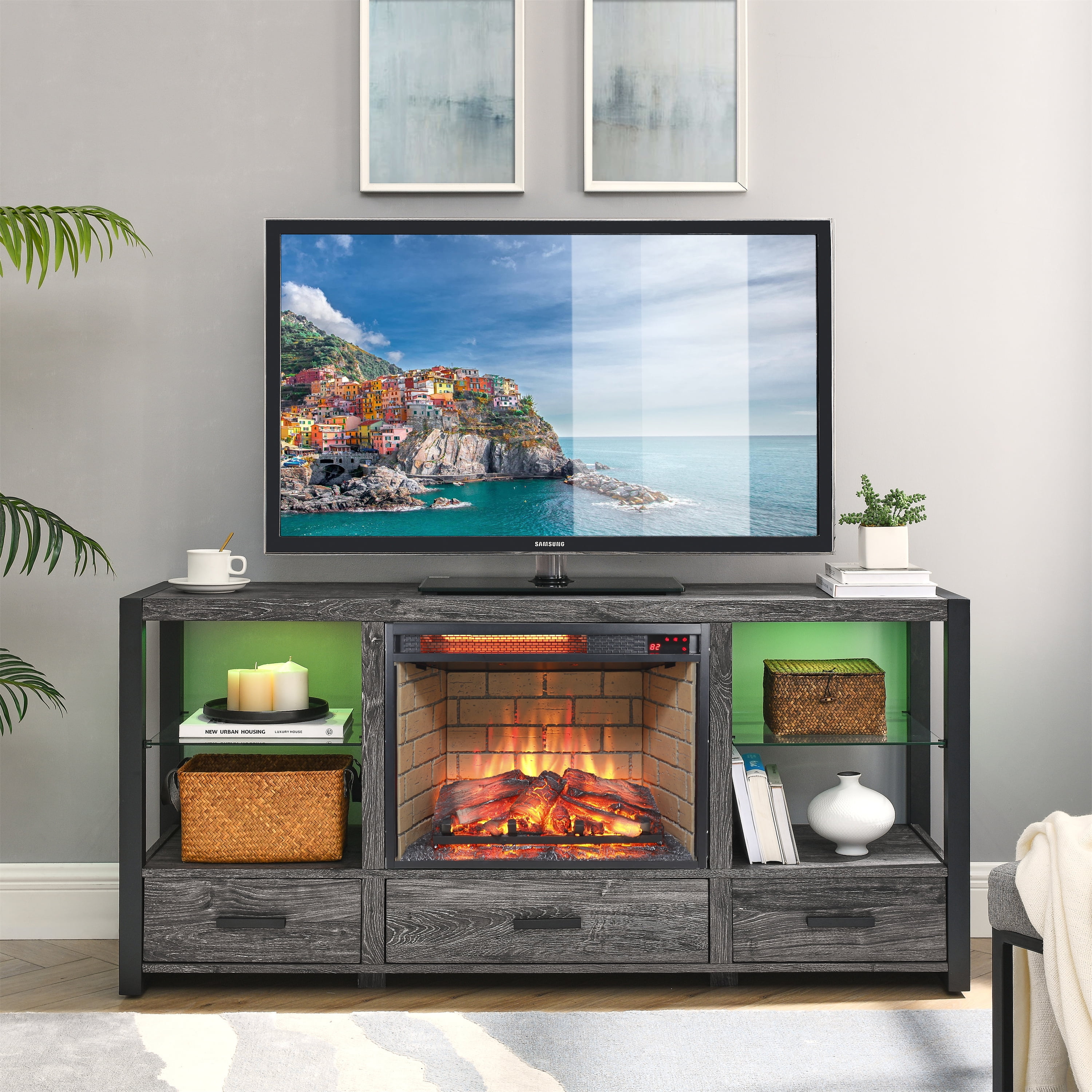 Yoneston 23 inch Electric Fireplace Insert with Wood Log Version Brick, Black