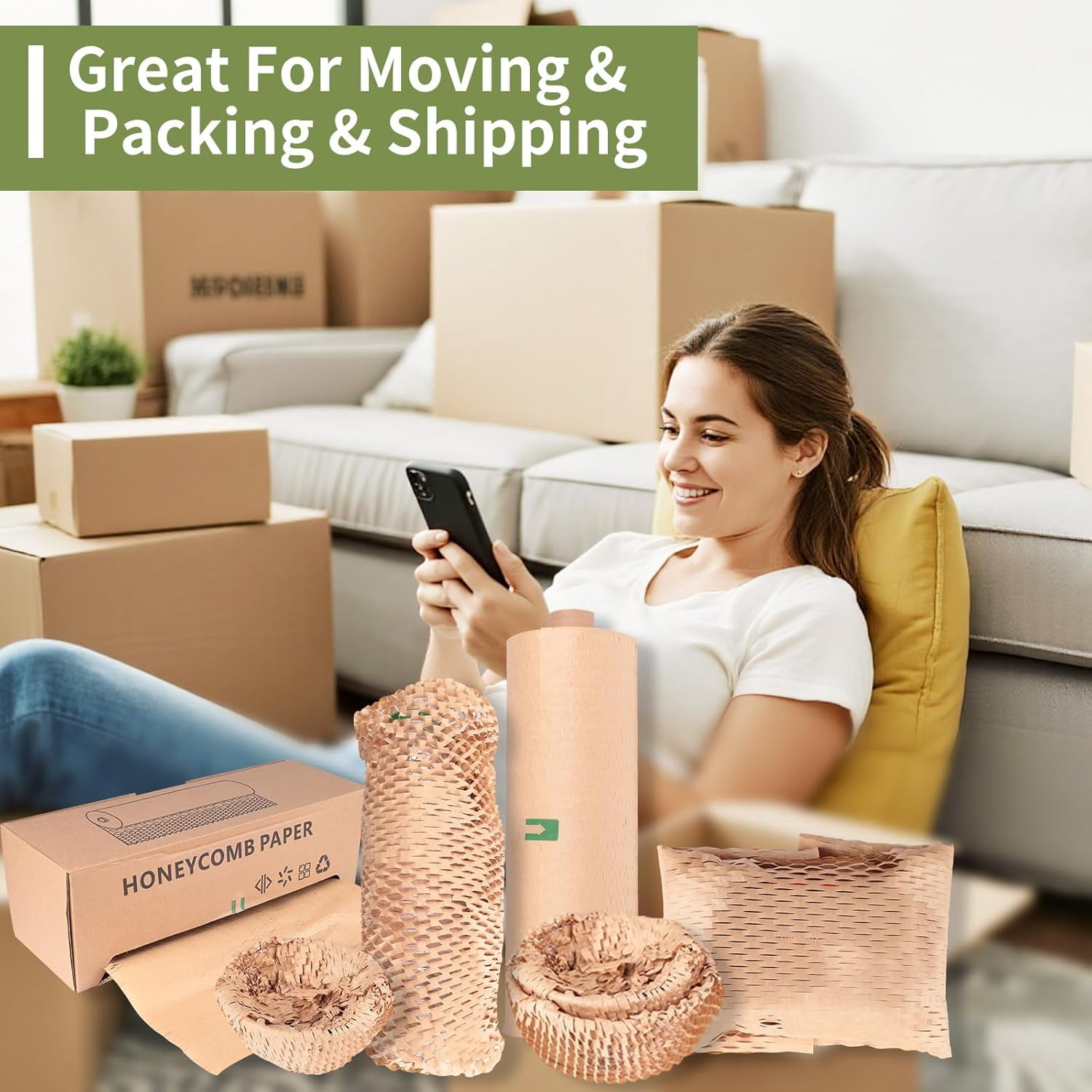 Eco-Friendly Honeycomb Packing Paper - 15" x 500' with Easy Dispense Box, 100% Recyclable Kraft Material, Ideal for E-Commerce, Moving, and Small Business Shipping