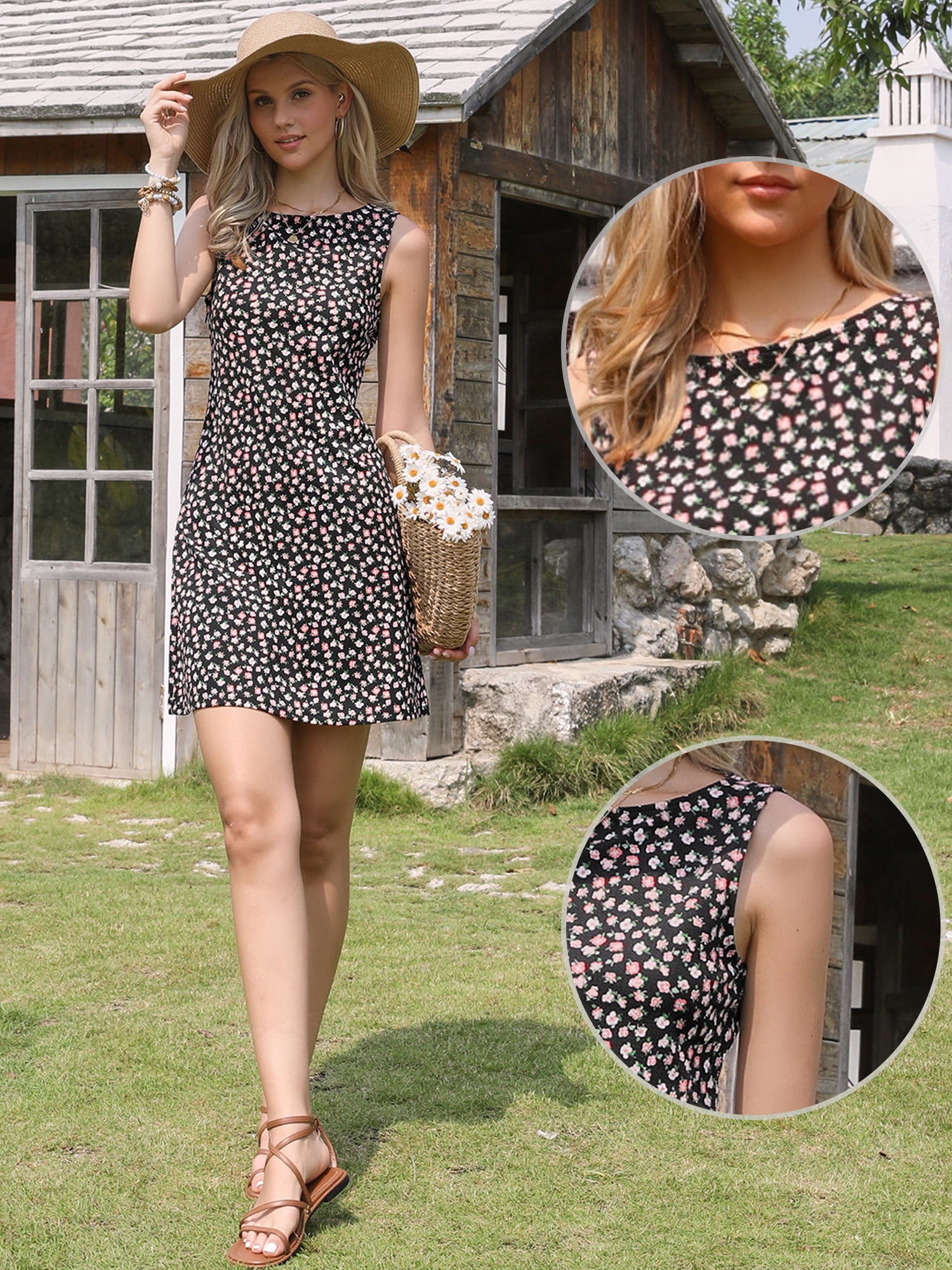 DARING DIVA Women's Floral Tank Dress Sleeveless Boat Neck A-Line Sundress S Black