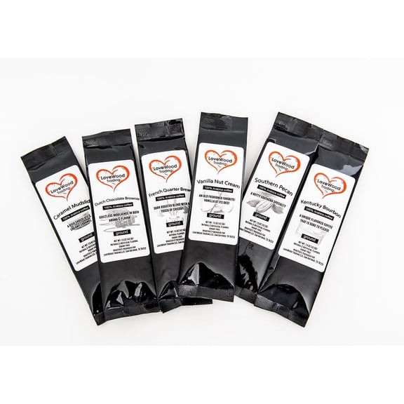 Gourmet Med Roast Grnd Coffee Sampler 6 Flavors,  1.5oz Ea, Naturally Caffeinated - LoveWood Trading