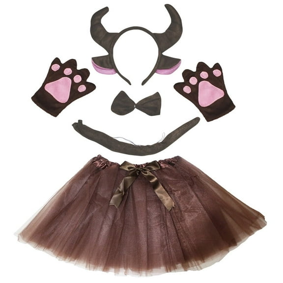 Petitebelle Buffalo Headband Bowtie Tail Gloves Tutu 5pc Costume (Brown, 1-5 Years)
